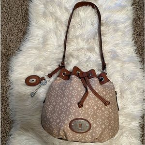 FOSSIL Y2K MADDOX Canvas Tan Leather Trimmed Bucket Drawstring Shoulder Bag